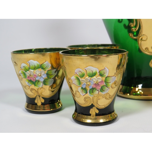 212 - Bohemian handpainted with enamel flowers and gilt decoration green glass decanter and 6 matching gla... 