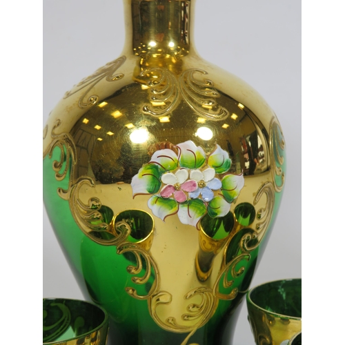 212 - Bohemian handpainted with enamel flowers and gilt decoration green glass decanter and 6 matching gla... 