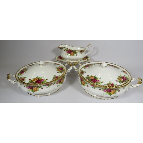 225 - 2 Royal Albert old country roses lidded tureens and a gravy boat with saucer.