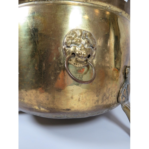 246 - Large brass log bucket with 3 claw feet and lion head handles, 11.5