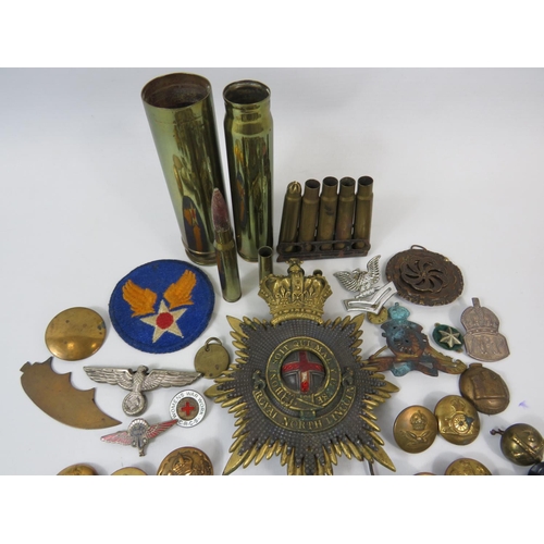 179 - Selection of Military items, Silver ARP Badge, Cap badges, buttons, shell cases etc. see photos.