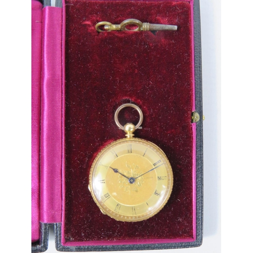 189 - Victorian era ladies pocket watch with original velvet lined case. Comes with key, 18ct Yellow gold ... 