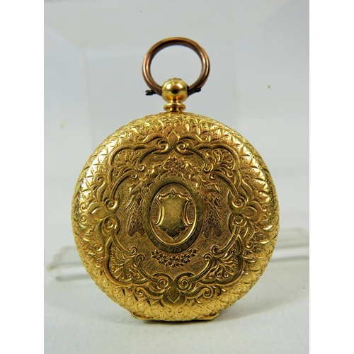 189 - Victorian era ladies pocket watch with original velvet lined case. Comes with key, 18ct Yellow gold ... 