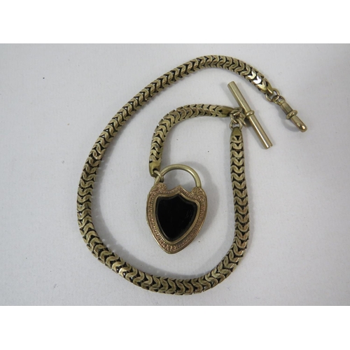 198 - Victorian Pinchbeck pocket watch chain with Jet coloured stone set locket fob. Comes with non origin... 