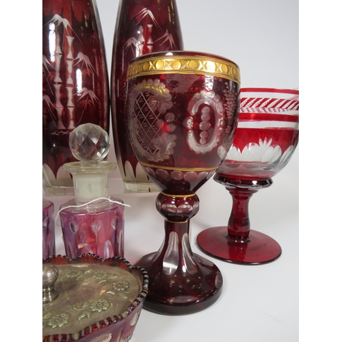 277 - Selection of Bohemian Cranberry cut to clear glass vases, goblets etc.