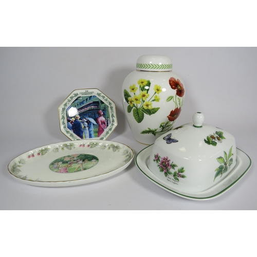 290 - Spode Ginger jar, Royal worcester herbs lidded butter dish and 2 Wimbledon limited edition dishes.