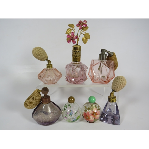 320 - Selection of coloured glass and Hand painted scent bottles.