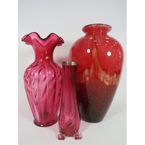 323 - 2 Vintage cranberry glass vases one with a sterling silver collar and a Large art deco vase approx 1... 