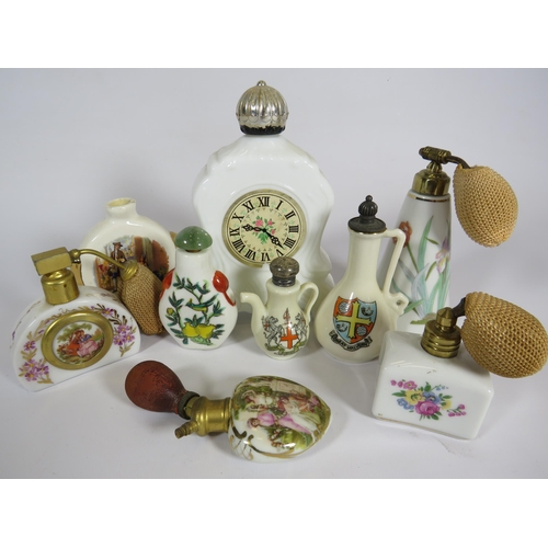 326 - Selection of ceramic and glass vintage scent bottles one with a sterling silver lid.