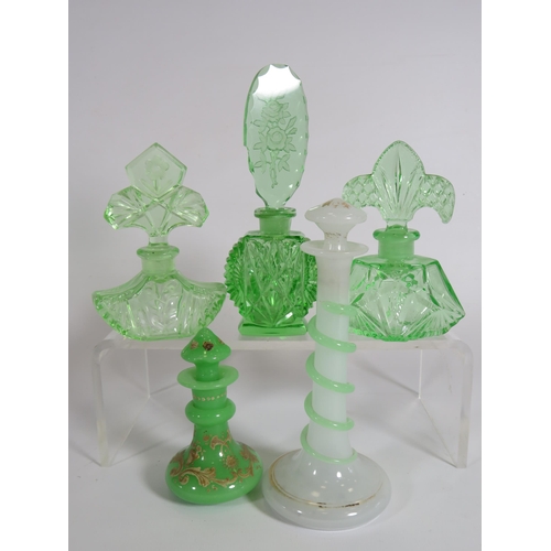 334 - 5 Art deco uranium glass scent/perfume bottles.