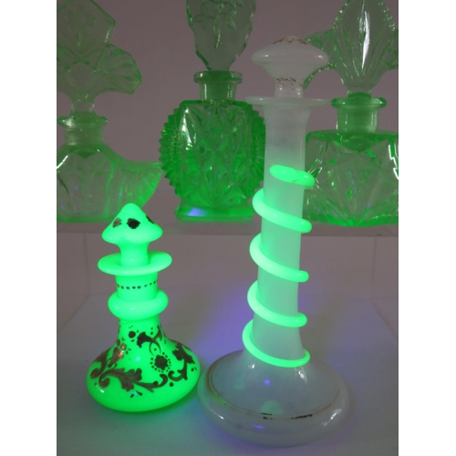 334 - 5 Art deco uranium glass scent/perfume bottles.