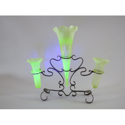 335 - Art deco uranium glass epergne vase in a metal stand (cracks in the side vases see pics)