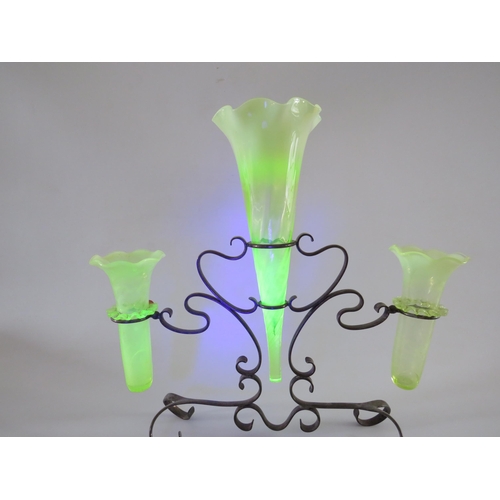 335 - Art deco uranium glass epergne vase in a metal stand (cracks in the side vases see pics)