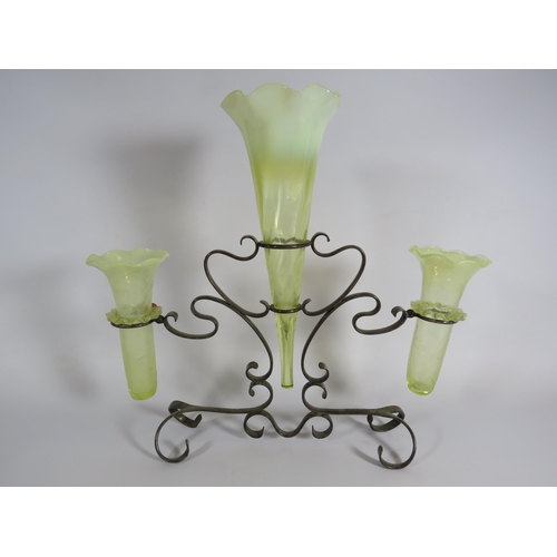 335 - Art deco uranium glass epergne vase in a metal stand (cracks in the side vases see pics)