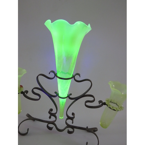 335 - Art deco uranium glass epergne vase in a metal stand (cracks in the side vases see pics)