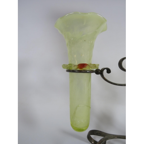 335 - Art deco uranium glass epergne vase in a metal stand (cracks in the side vases see pics)