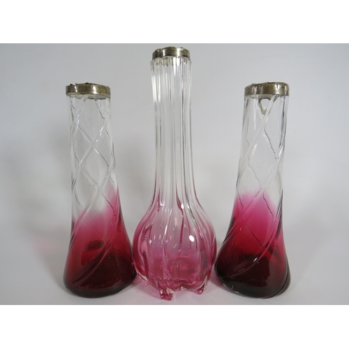 336 - 3 cranberry to clear glass vintage vases with sterling silver collars. 8.5