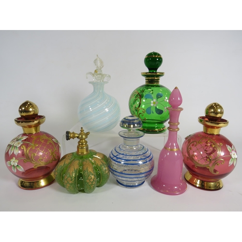 337 - 7 Vintage art glass scent/perfume bottles including Murano and Bohemian.