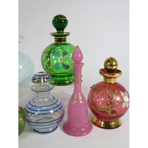 337 - 7 Vintage art glass scent/perfume bottles including Murano and Bohemian.