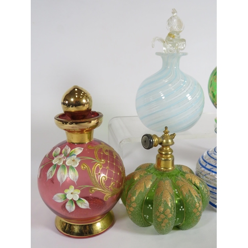 337 - 7 Vintage art glass scent/perfume bottles including Murano and Bohemian.