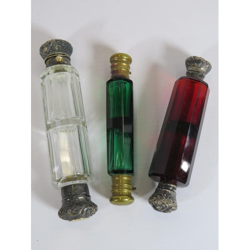 338 - 3 Antique double ended scent/perfume bottles in Ruby, emerald and clear glass.