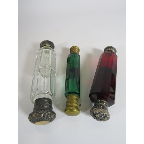 338 - 3 Antique double ended scent/perfume bottles in Ruby, emerald and clear glass.