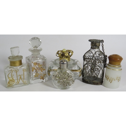 339 - 6 Vintage glass scent bottles hand painted and white metal decoration.