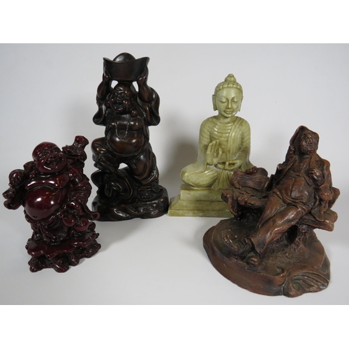 652 - 2 Laughing buddha figurines, a hindu figurine plus 1 other.