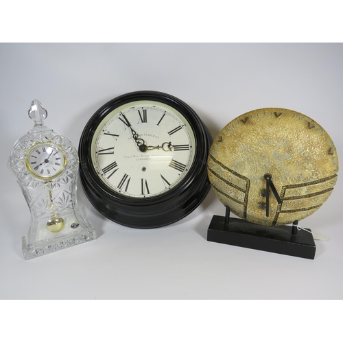 660 - Reproduction vintage wall clock and mantle clock plus a crystal glass mantle clock.