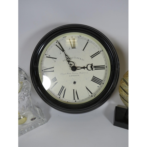 660 - Reproduction vintage wall clock and mantle clock plus a crystal glass mantle clock.