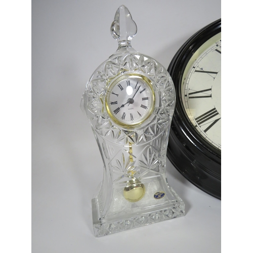 660 - Reproduction vintage wall clock and mantle clock plus a crystal glass mantle clock.