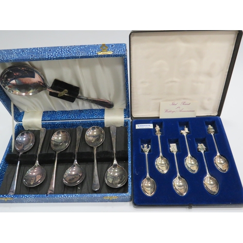 940 - A silver plated dessert spoon set and a wedding tea spoon set.