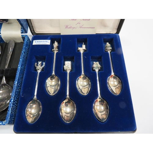 940 - A silver plated dessert spoon set and a wedding tea spoon set.