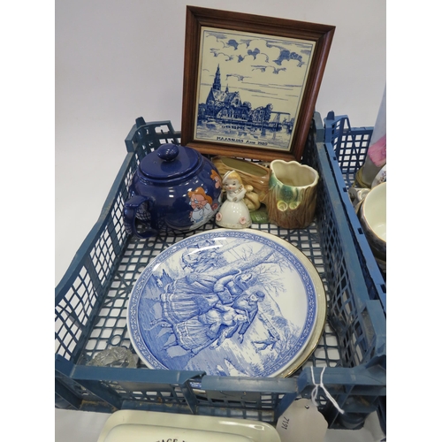 1391 - 2 Trays of Mixed ceramics including a Delfts title, Lurpack toast rack and Tetleys teapot etc.