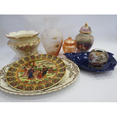 1393 - Mixed ceramics and glass lot including a handpainted glass vase, a large japanese charger plate etc.