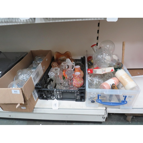 1395 - 3 boxes of various vintage glass items, art glass, lamp shades, medical bottles etc.