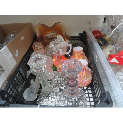 1395 - 3 boxes of various vintage glass items, art glass, lamp shades, medical bottles etc.