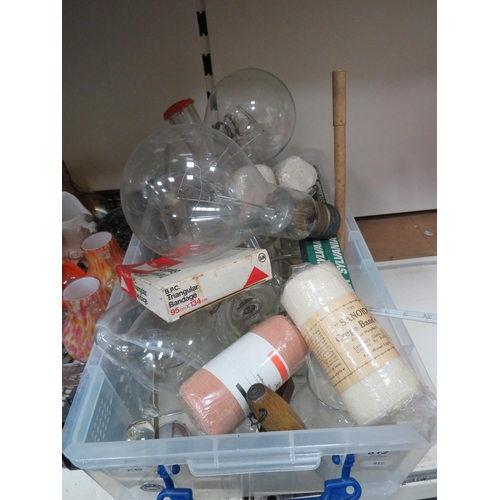 1395 - 3 boxes of various vintage glass items, art glass, lamp shades, medical bottles etc.