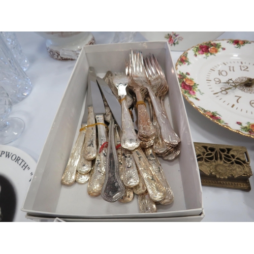 1404 - Mixed lot to include Royal albert old country roses clock, Kings pattern cutlery etc.