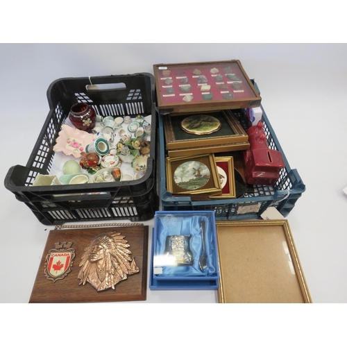 1422 - 2 Trays containing ceramics, pictures and a stone collection etc.