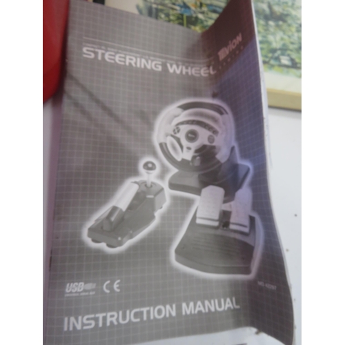 1423 - Tevion computer steering wheel and pedals etc.