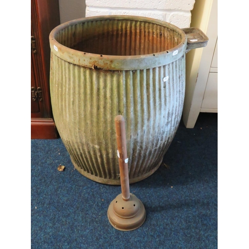 1435 - Vintage Galvanised Dolly tug with rare soap dish attached. Comes with small posher.  See photos. S2