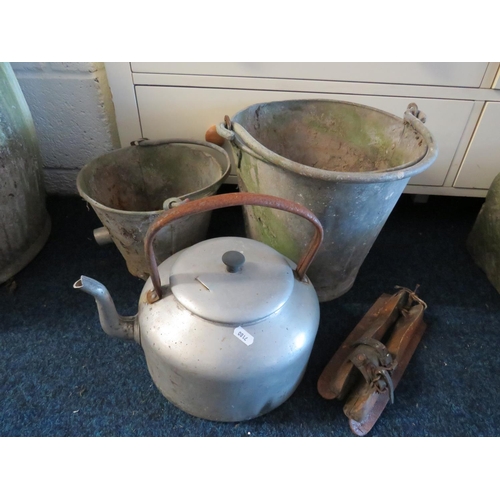 1436 - Two old Galvanised Buckets (both hole) Ideal for outdoor planters, plus an aluminium kettle and a pa... 