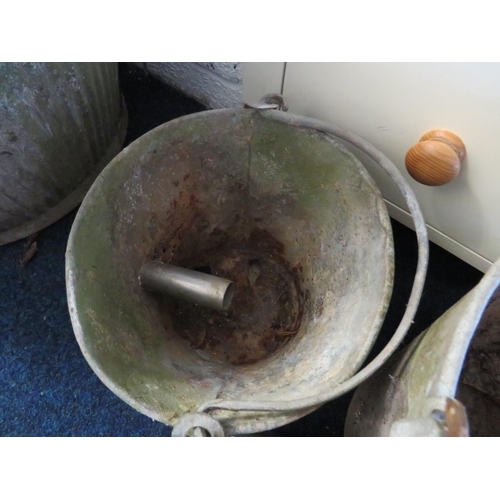 1436 - Two old Galvanised Buckets (both hole) Ideal for outdoor planters, plus an aluminium kettle and a pa... 