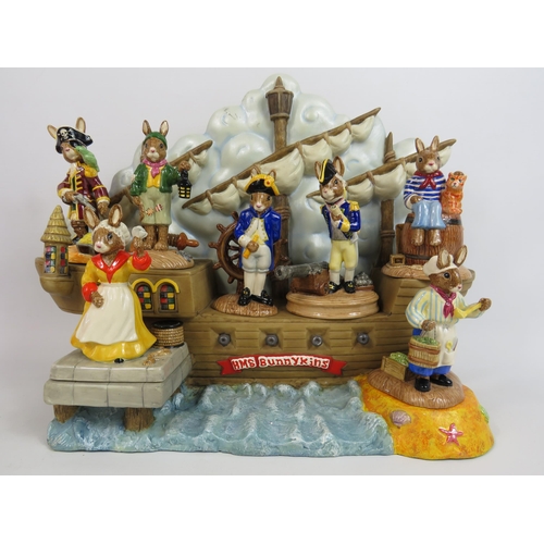 16 - Royal Doulton Bunnykins The ship mates collection 7 figurines with boxes and the Ship base.