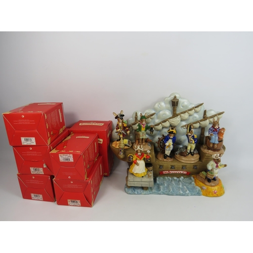 16 - Royal Doulton Bunnykins The ship mates collection 7 figurines with boxes and the Ship base.