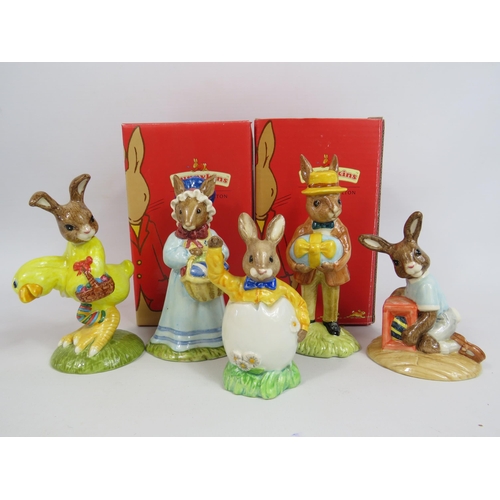 20 - 5 Royal Doulton Bunnykins Easter figurines. 2 have boxes.