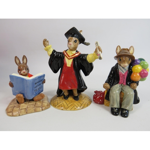 50 - 3 Royal Doulton Bunnykins figurines, Graduation Time, Balloon man and William reading without tears.... 