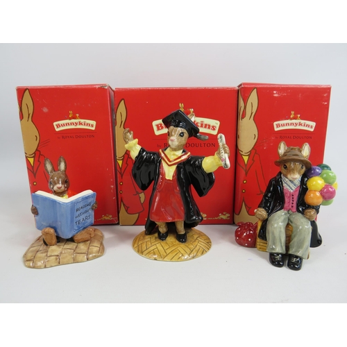 50 - 3 Royal Doulton Bunnykins figurines, Graduation Time, Balloon man and William reading without tears.... 