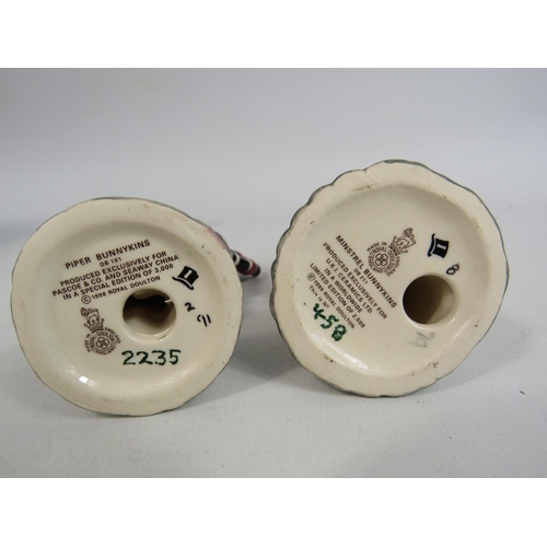 54 - 2 Royal Doulton Bunnykins Limted edition figurines Piper 2235 of 3000 and Minstral 458 of 2500. One ... 